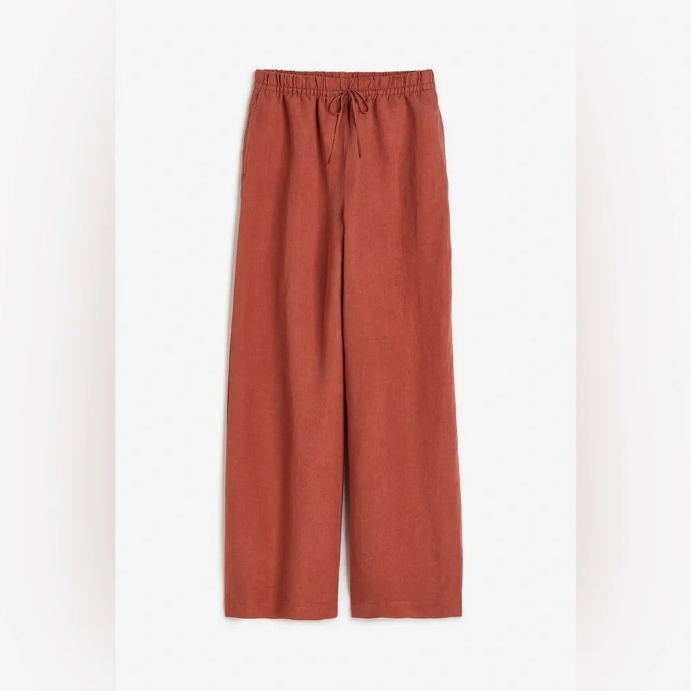 H&M Women's Brick Red Linen Blend Wide-Leg Pants​